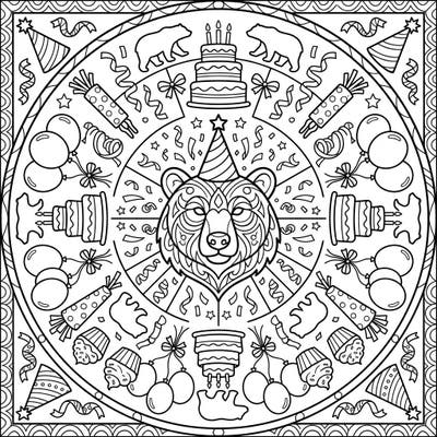 Get ready for a wild celebration with this unique bear birthday mandala coloring page. This intricate design blends the strength of a bear with festive party elements for a truly joyful coloring experience.