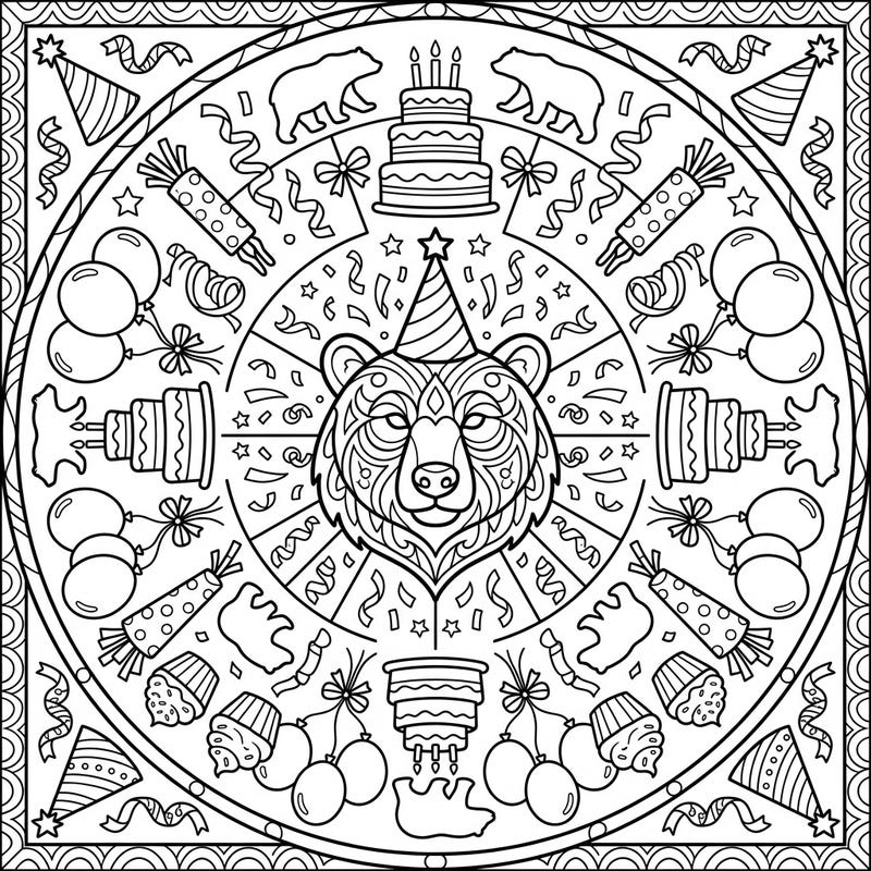 Get ready for a wild celebration with this unique bear birthday mandala coloring page. This intricate design blends the strength of a bear with festive party elements for a truly joyful coloring experience.