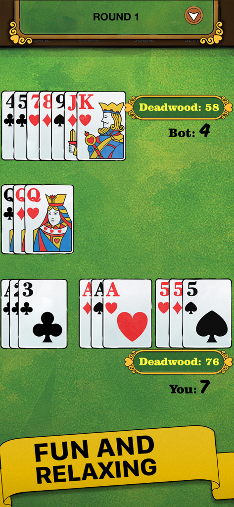 Gin Rummy Card Game Classic - Pantalla de juego del clásico Gin Rummy con cartas grandes y fáciles de leer sobre un fondo verde