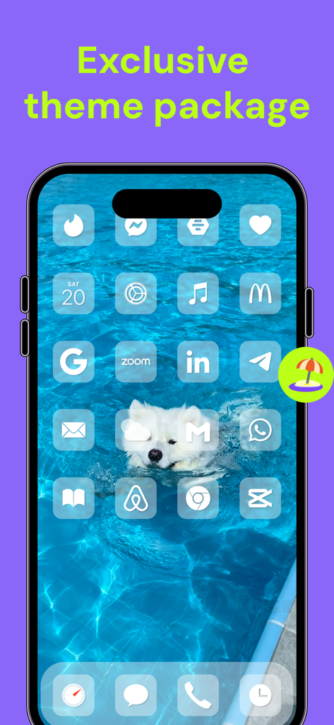 Aesthetic iPhone home screen with custom icons and a white dog swimming in a pool as wallpaper