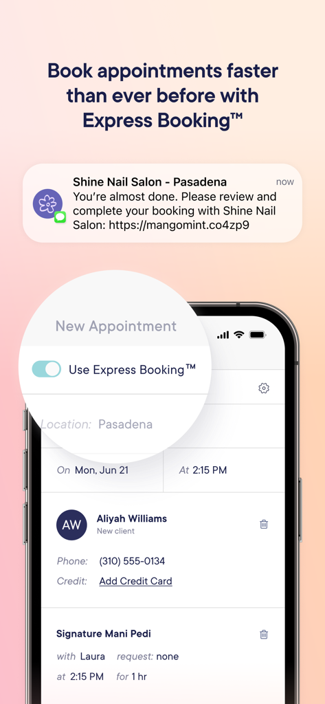 Mangomint mobile app showing the Express Booking feature for a salon appointment.