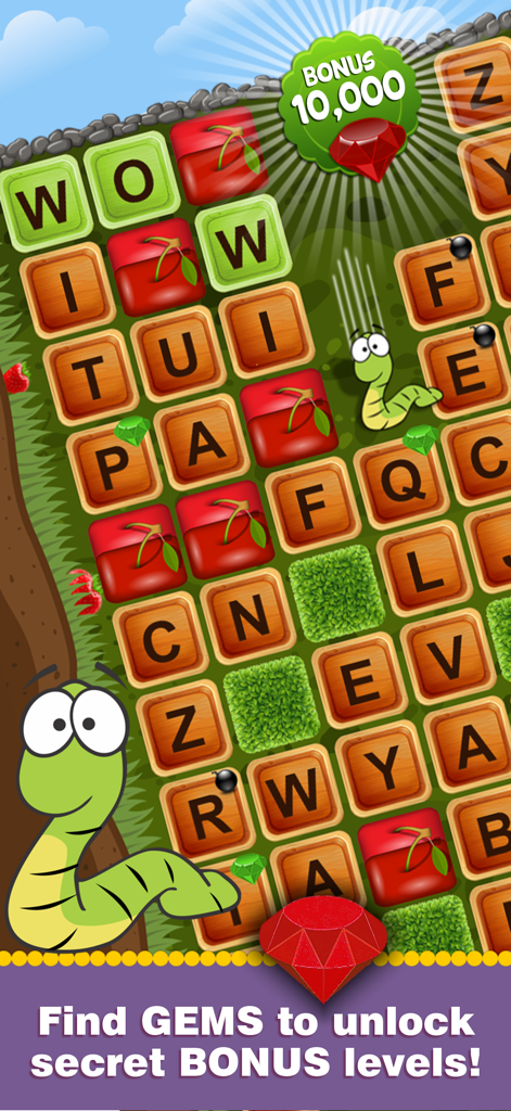 Word Wow - Help the worm down - Gameplay screen of Word Wow showing a letter grid with gems and a worm character to unlock bonus levels