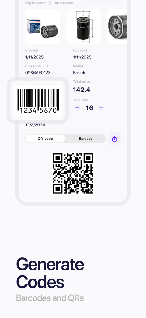 Inventory Tracker - Sklad - Sklad app interface for generating barcodes and QR codes for inventory tracking