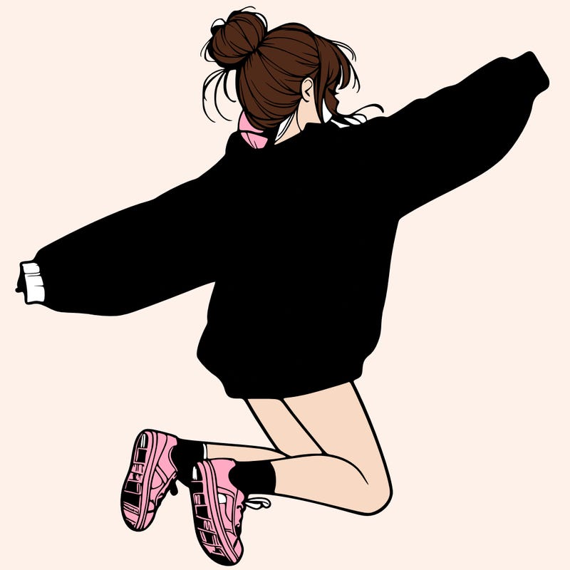 realistic girl jumping with a bun and oversized sweatshirt