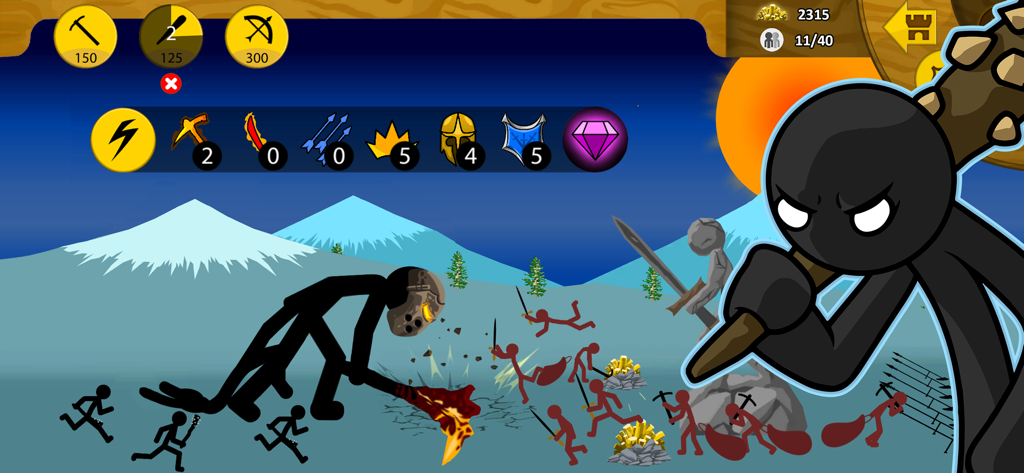 Batalha de exército de figuras de palito com um gigante e mineiros em Stick War Legacy