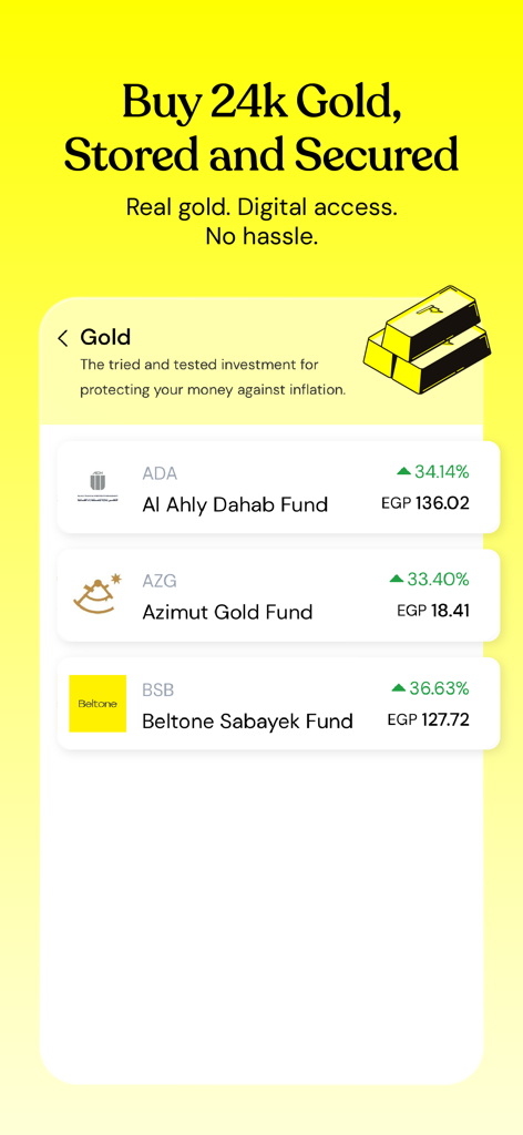 Pantalla de la aplicación Thndr que muestra opciones de inversión en oro, incluidos los fondos Al Ahly Dahab y Azimut Gold