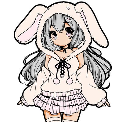 pretty anime girl wearing a fluffy hoodie with bunny ears on the hood and a skirt