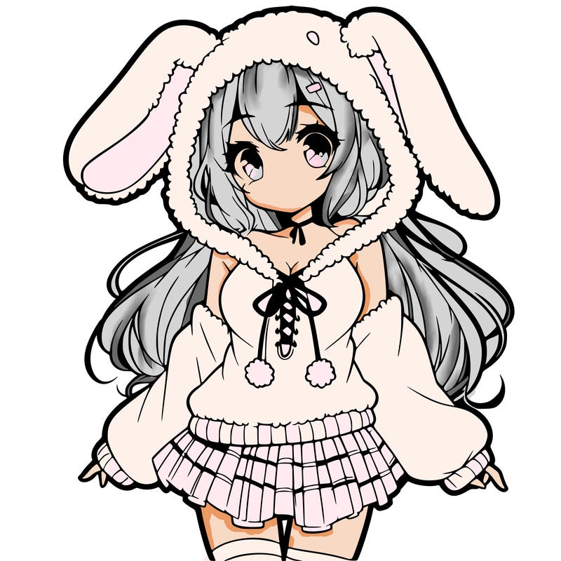 pretty anime girl wearing a fluffy hoodie with bunny ears on the hood and a skirt
