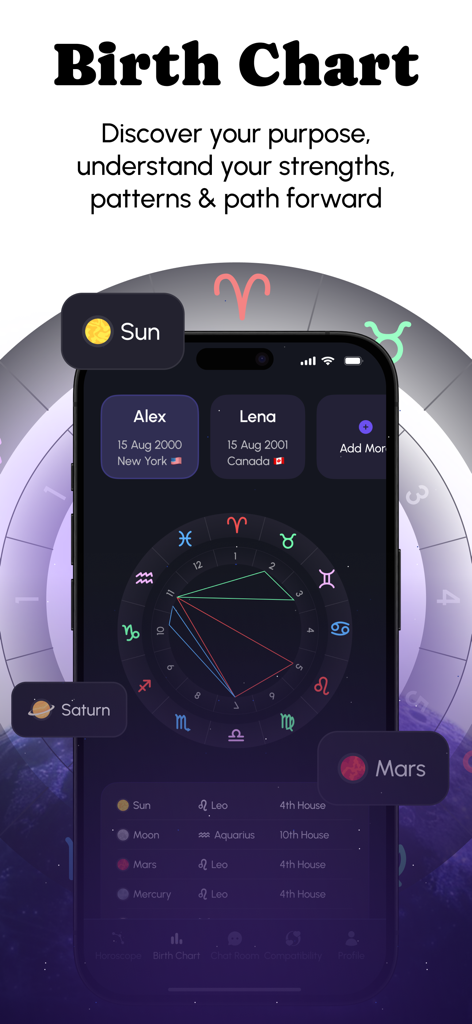 Starzen - Astrology & Tarot - A personalized astrological birth chart on the Starzen app showing planetary alignments and zodiac signs.