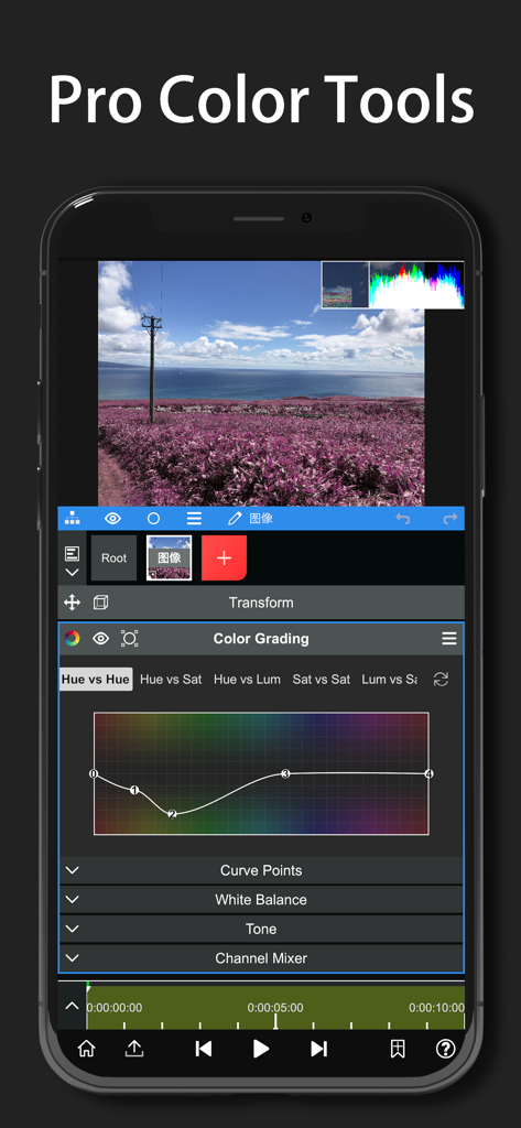 Node Video - Node Video app interface showing professional color grading tools and curves on a smartphone