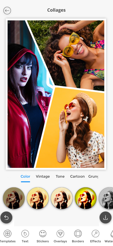 Photo Splash app interface displaying a three-photo collage with artistic color filters and editing tools.