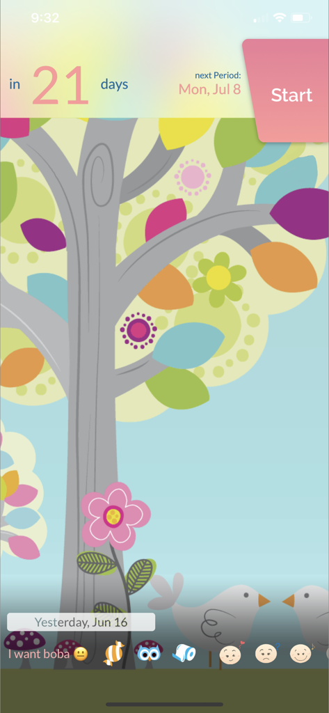 Der Startbildschirm der Perioden-Tracker-App mit einem illustrierten Baumthema und einem Countdown des Menstruationszyklus.