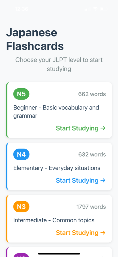 JLPT FlashGo! - Pantalla de selección de nivel de la aplicación JLPT FlashGo con conjuntos de estudio de vocabulario japonés N5 N4 y N3