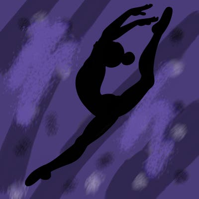 gymnast doing a leap in a leotard with a bent back leg