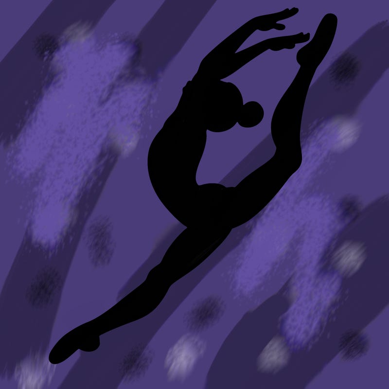 gymnast doing a leap in a leotard with a bent back leg