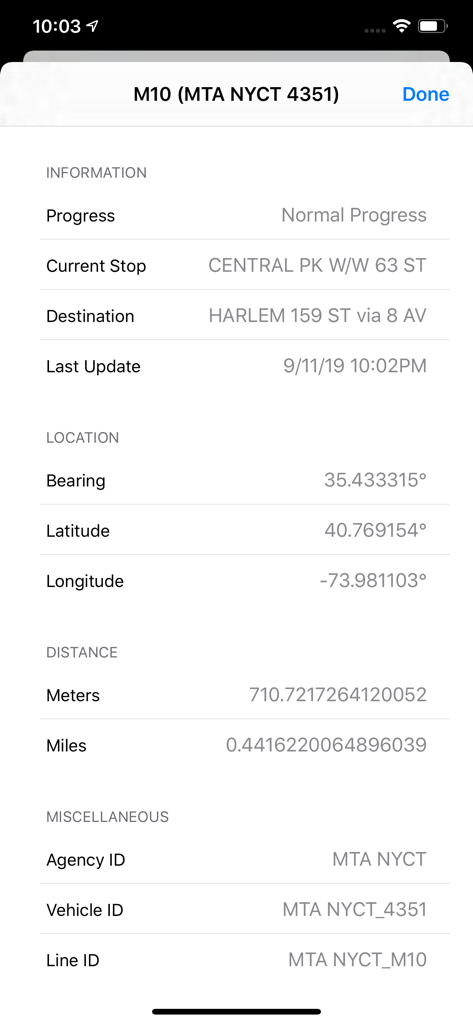 BusBus NYC - Posizione in tempo reale e dettagli di stato per un autobus MTA nell'app BusBus NYC