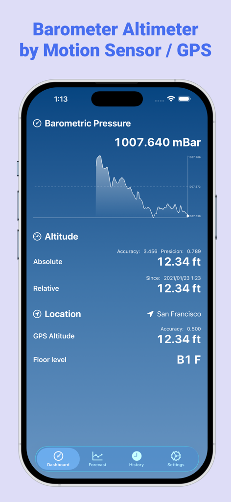 Torr app dashboard showing real-time barometric pressure graph and altitude data on an iPhone
