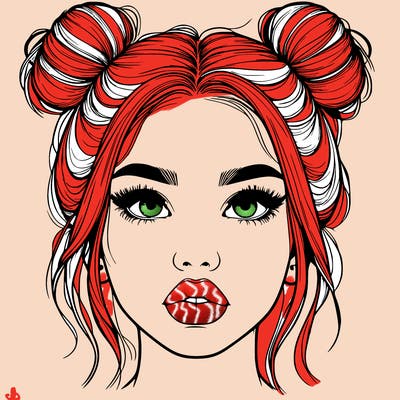 realistic girl with two buns on her hair and lips