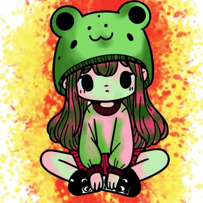 a girl wearing a frog hat and some frog socks