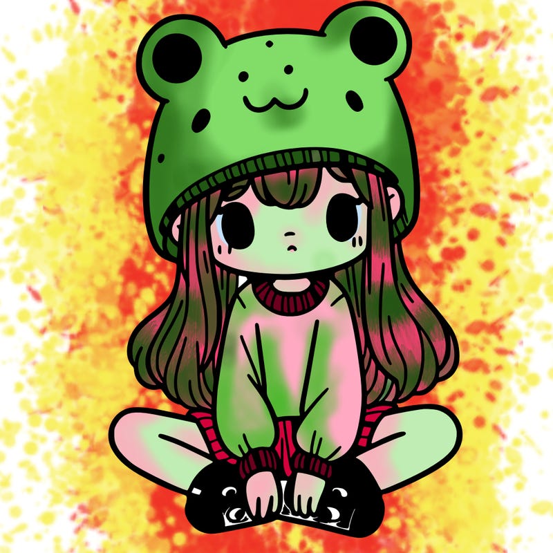 a girl wearing a frog hat and some frog socks
