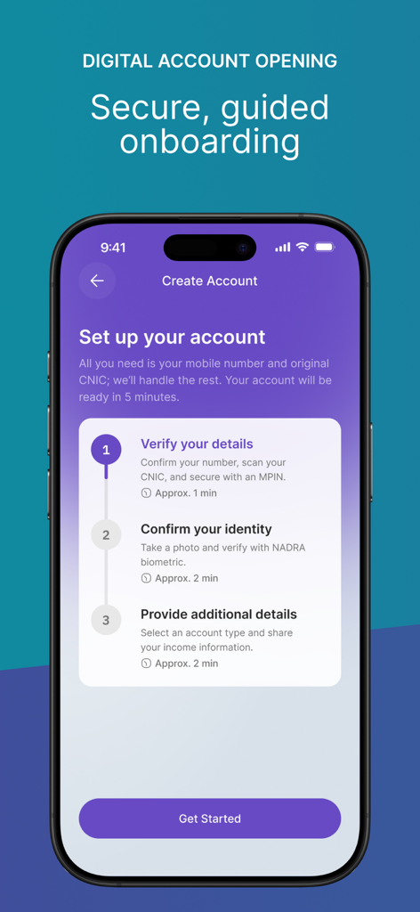 Mobile app screen showing the three step guided onboarding process for opening a Raqami Islamic Digital Bank account