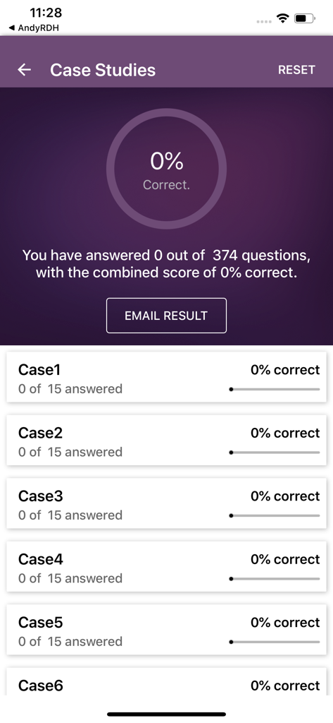 DentalHygieneAcademy CaseStudy - Captura de pantalla del panel de Estudios de Caso que muestra el porcentaje general de puntaje y el progreso de casos individuales en la aplicación Dental Hygiene Academy.