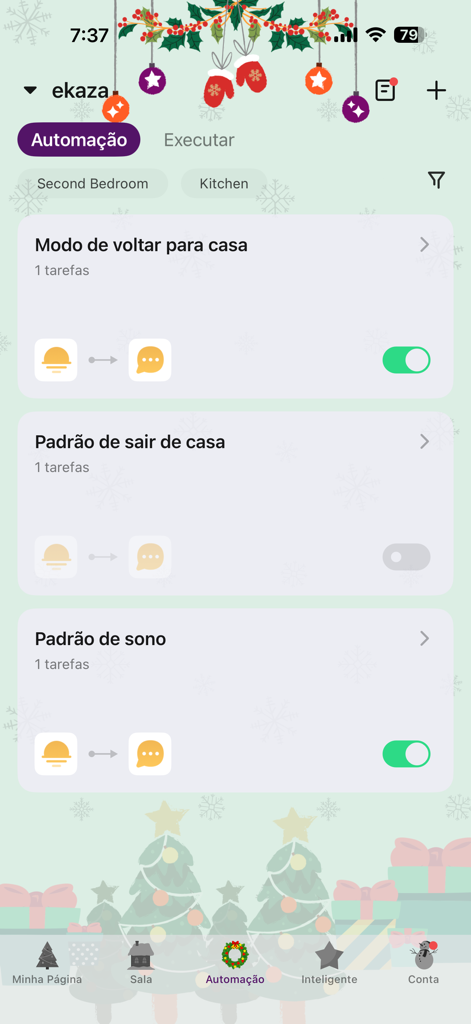 EKAZA app automation screen showing home and sleep routines with a festive Christmas theme.