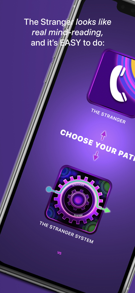 The Stranger - Die Magie-App The Stranger zeigt die Auswahlmöglichkeiten zwischen Performance- und Systempfaden an.