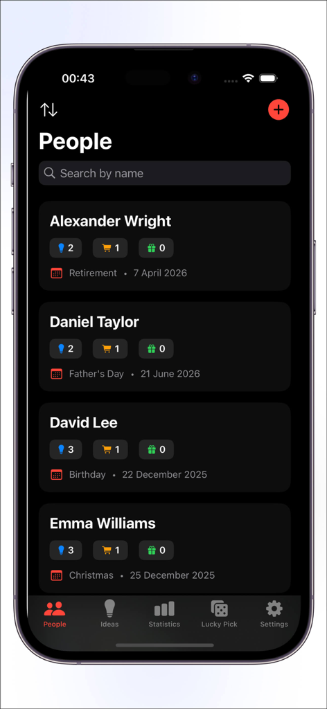 А-FriепdFindег: YourPresent - Tela do aplicativo móvel mostrando uma lista de amigos e familiares com contadores de status de ideias de presentes e datas de eventos futuros