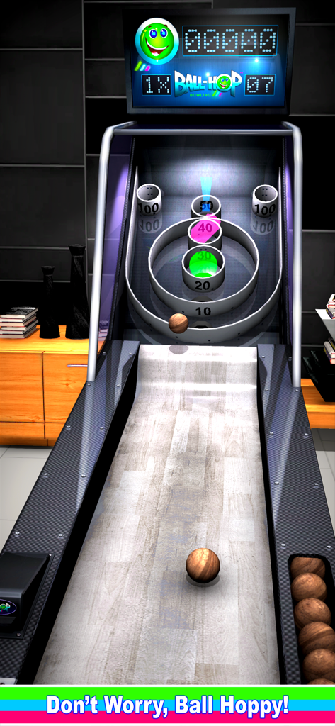 Ball-Hop Bowling - Gameplay of Ball-Hop Bowling showing a wooden ball rolling towards score hoops on a 3D arcade alley.
