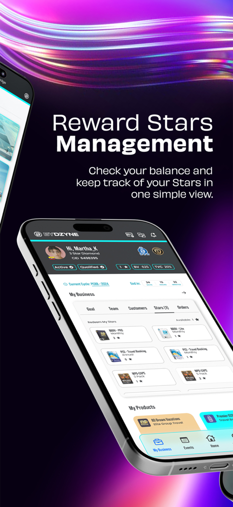 ByDzyne - ByDzyne app interface showing the Reward Stars Management dashboard with user profile and business metrics