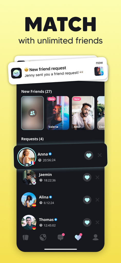 Moji – Korea & Japan Friends - Schermata dell'app Moji che visualizza nuove richieste di amicizia da utenti internazionali con badge di verifica.