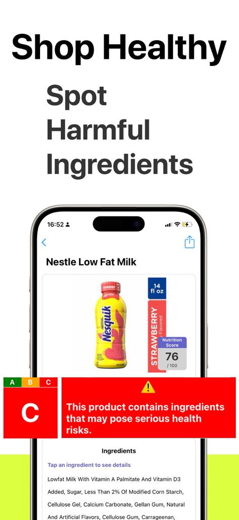 Yucca App Food Scanner - Yucca App Food Scanner mostrando una calificación C roja para ingredientes dañinos en un producto alimenticio