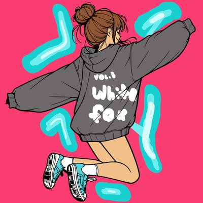 realistic girl jumping with a bun and oversized sweatshirt