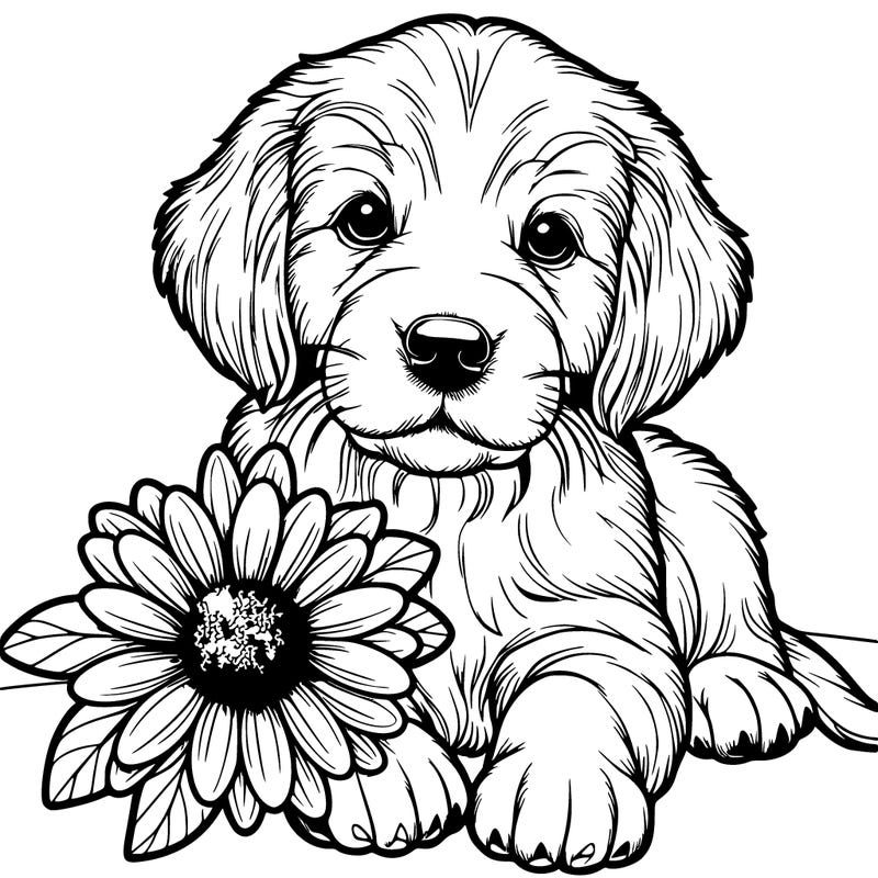 realistic retrever puppy with flower