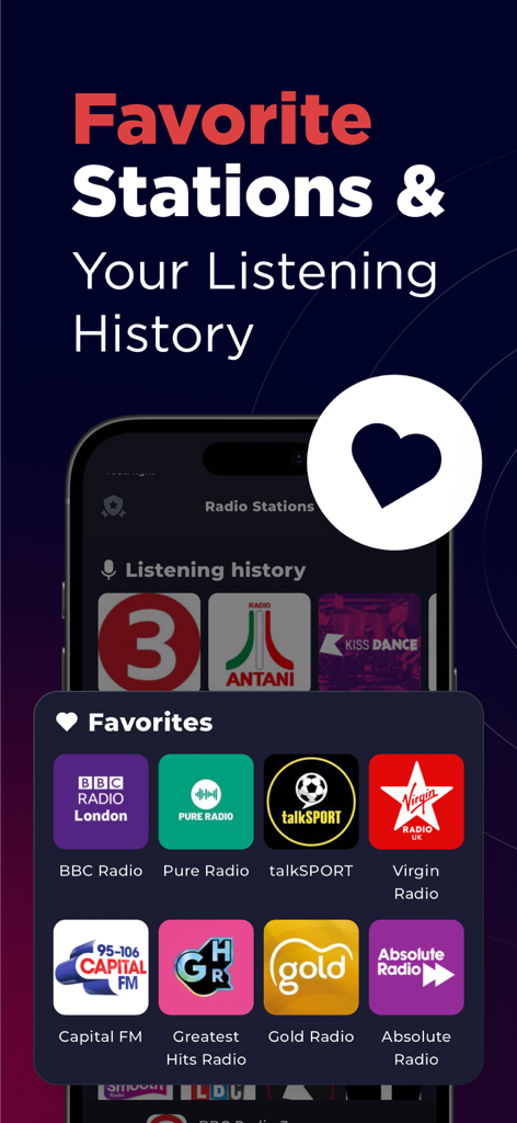 Radio UK app interface showing a list of favorite stations like BBC Radio and talkSPORT with a listening history section.