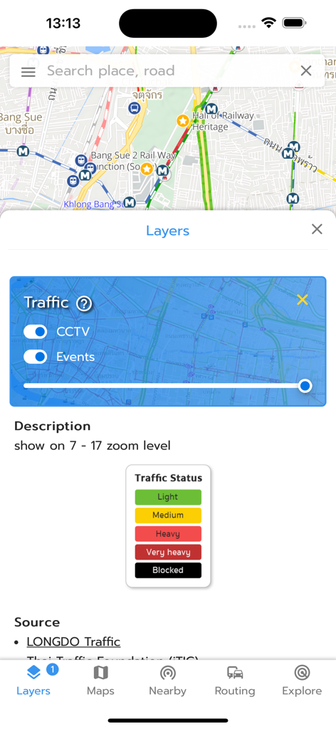 Longdo Map - Interface do aplicativo de navegação Longdo Map mostrando o status do trânsito e camadas de CCTV para Bangkok, Tailândia