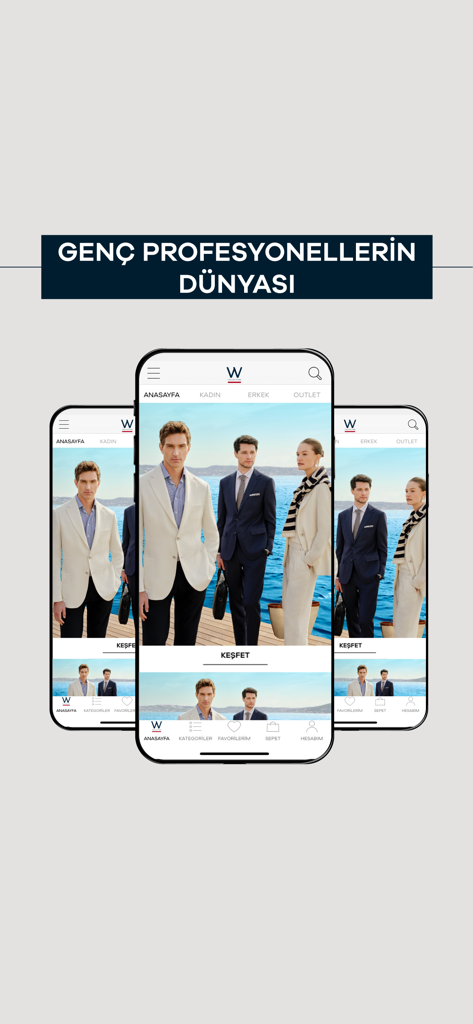 Tres iPhones mostrando la pantalla de inicio de la aplicación de moda de lujo W Collection con ropa de lujo profesional para hombres y mujeres