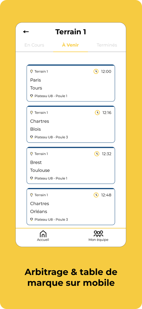 Easy Comp mobile app interface showing a list of upcoming tournament matches and kickoff times.