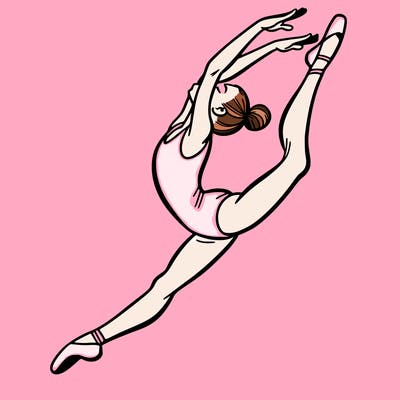 gymnast doing a leap in a leotard with a bent back leg