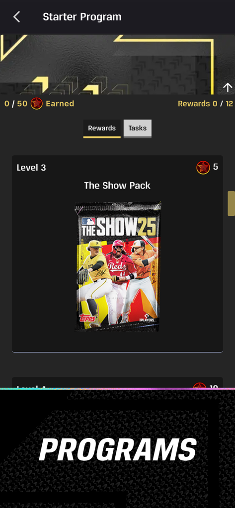 A screen in the MLB The Show Companion App displaying starter program rewards and a digital card pack