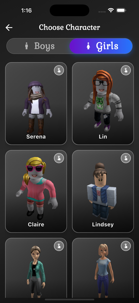 Avatar Skin Master For Roblox - Interface showing a selection of girl avatar skins for Roblox with names like Serena and Lin.