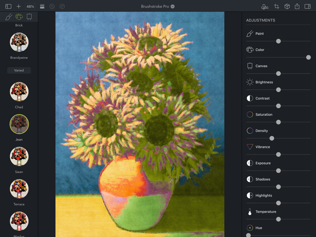 Brushstroke Pro for iPad - A screenshot of the Brushstroke Pro app for iPad showing a sunflower painting being edited with artistic styles and adjustment sliders.