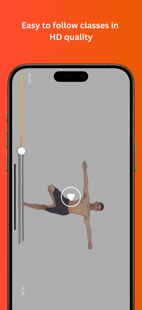 Track Yoga – A Simple Yoga App - Pantalla de smartphone que muestra un vídeo de una clase de yoga en calidad HD con un instructor masculino