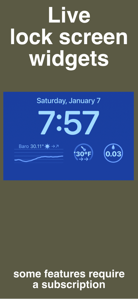 PWS weather station monitor - iPhone lock screen showing PWS Connect live weather widgets for barometric pressure temperature and precipitation.
