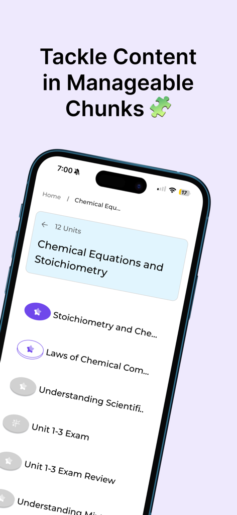 Penseum mobile app interface displaying a chemistry study guide organized into manageable learning units