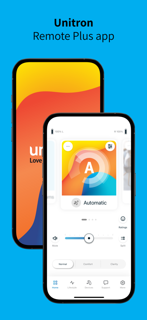 Unitron Remote Plus - Unitron Remote Plus hearing aid app interface displayed on an iPhone screen