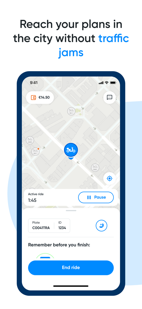Cooltra app interface showing an active electric moped ride with map and end ride button