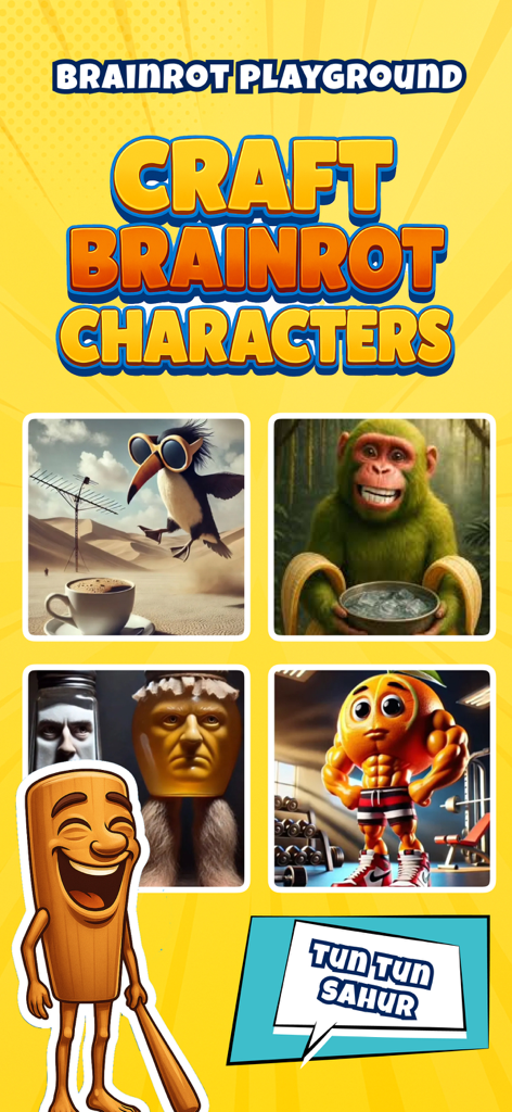 AI Italian Brainrot Creator - Screenshot of AI Italian Brainrot Creator app showing surreal AI-generated characters like a muscular orange and a green monkey