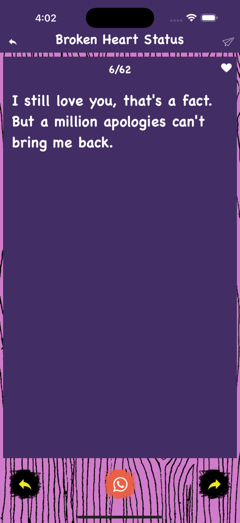Funny Status Quotes Collection - A screenshot of the Funny Status Quotes Collection app displaying a broken heart status quote on a purple background.
